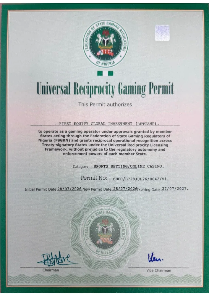Betcamp — Universal reciprocity gaming permit, original certificate