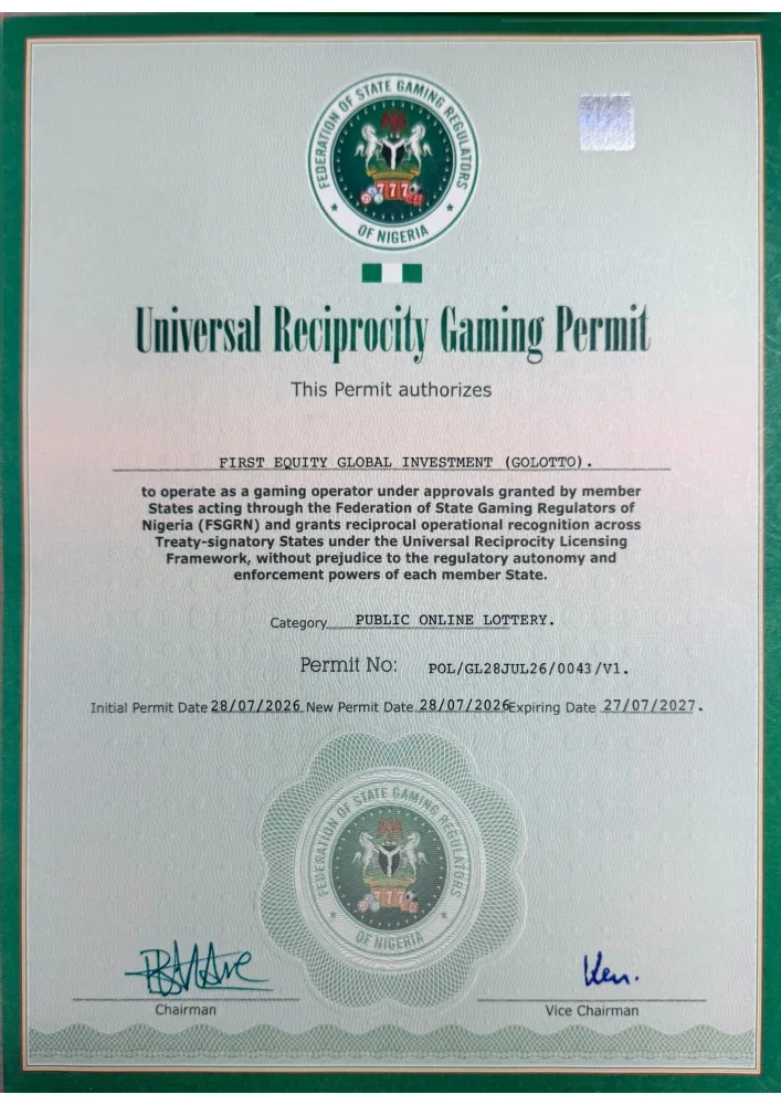 Golotto — Universal reciprocity gaming permit, original certificate